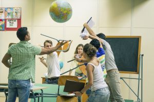 Battle of students in classroom
