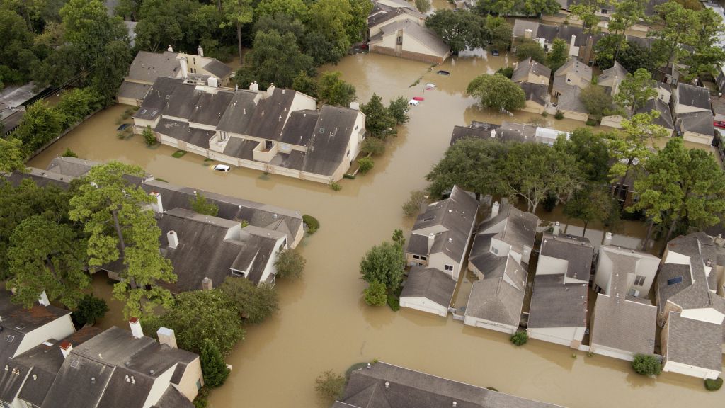 Flooded streets, homes, aerial view, Hurricane Harvey