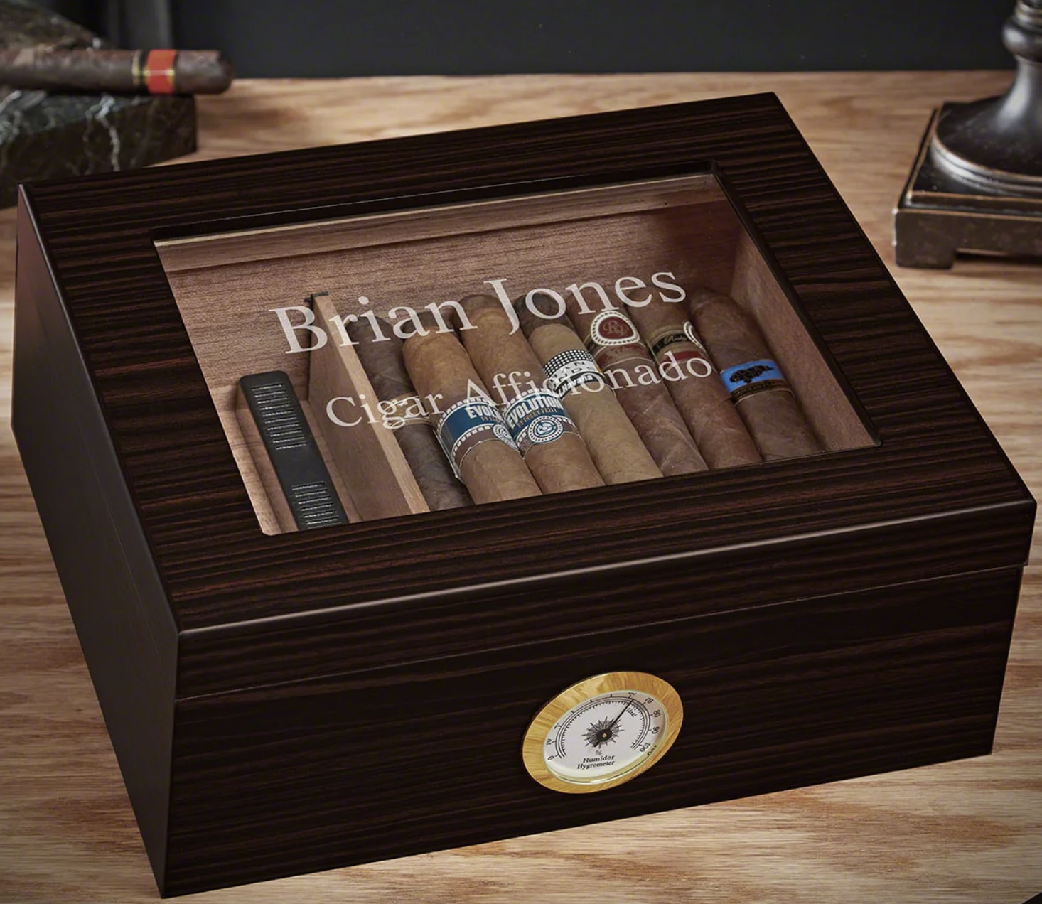 Dante Personalized Humidor Cigar Box with Hygrometer - Espresso Brown Cedar Lined