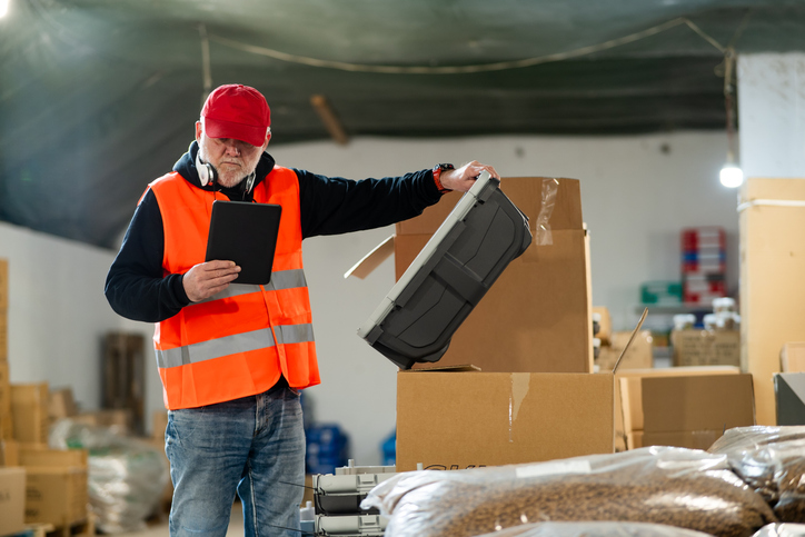 An older worker in a pet food warehouse prepares deliveries of goods for pet stores.