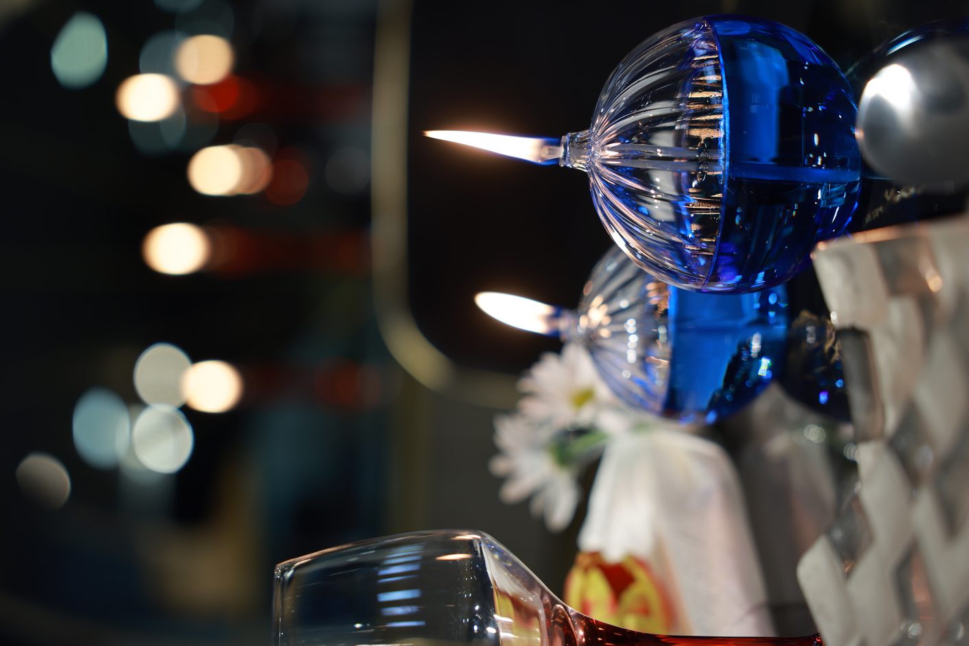 wine glass blue candle